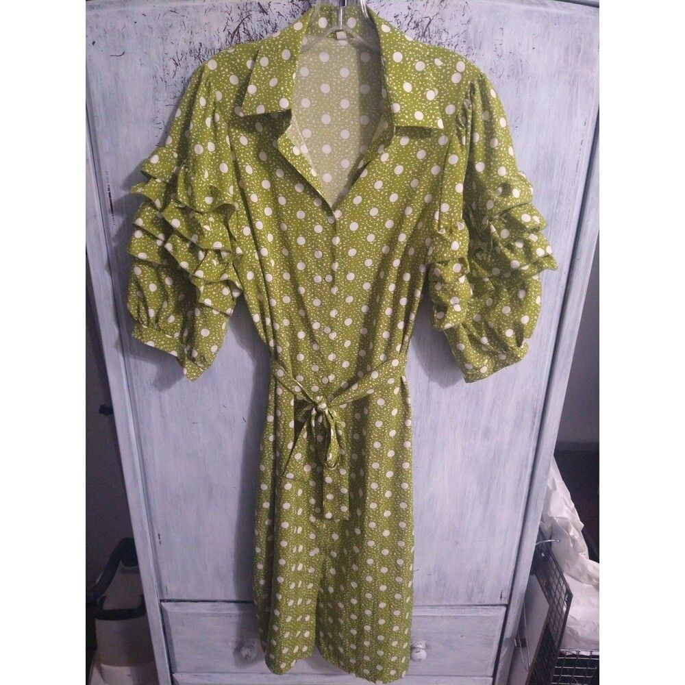 Shein Ruffled Puff Sleeve Polka Dot Dress Medium Green Boho Cottagecore Feminine